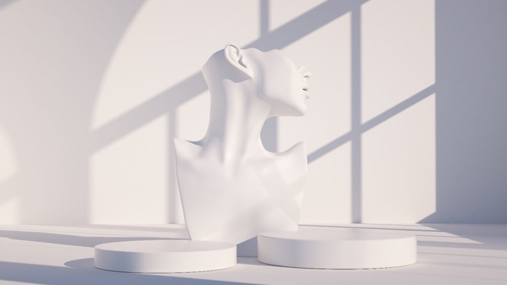Abstract white sculpture of a head and neck on a pedestal in a bright, minimalist studio with geometric shadow patterns.