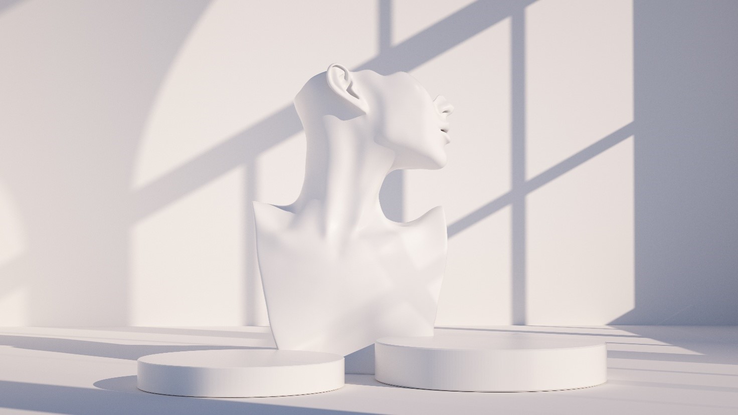 Abstract white sculpture of a head and neck on a pedestal in a bright, minimalist studio with geometric shadow patterns.
